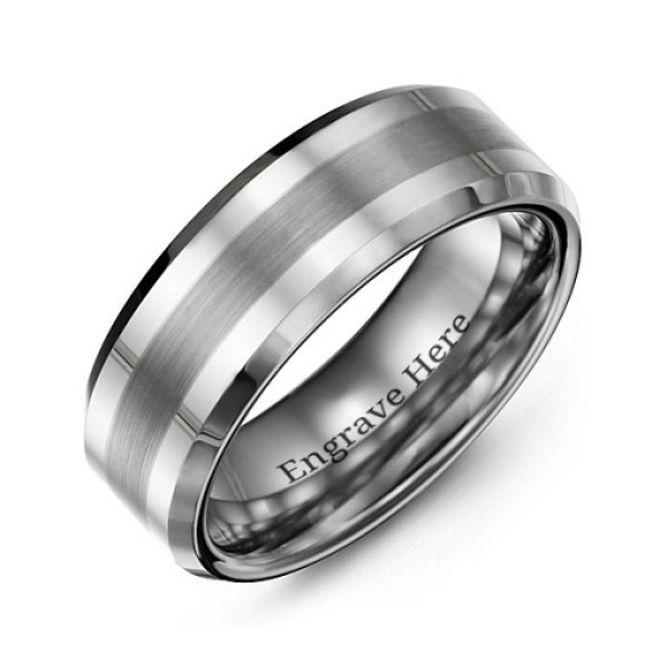 Mens Brushed Centre Stripe Polished Tungsten Ring