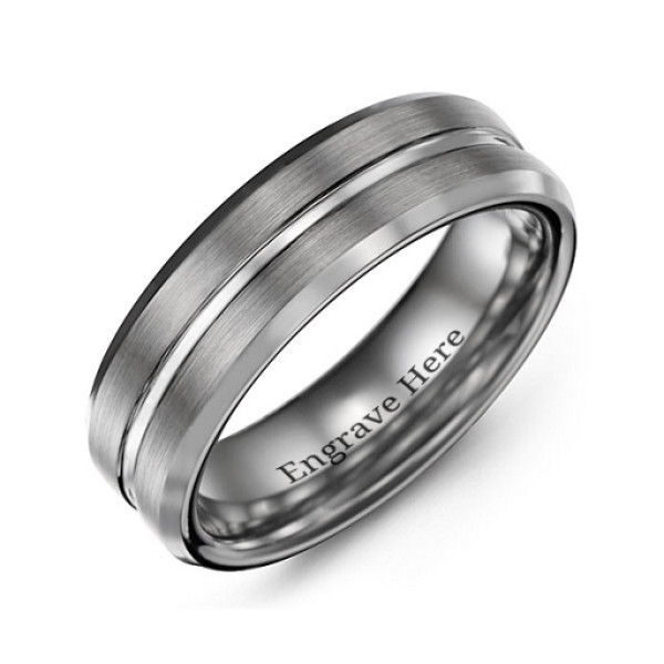 Mens Brushed Grooved Centre Beveled Tungsten Ring