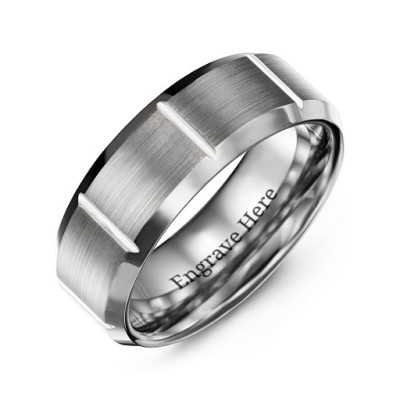 Mens Brushed Vertical Grooved Polished Tungsten Ring