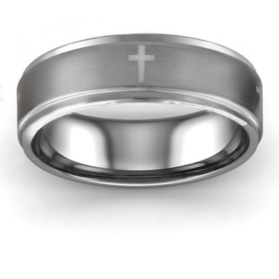 Mens Cross and Brushed Centre Tungsten Ring