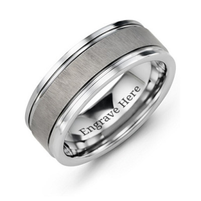 Mens Grooved Tungsten Ring with Brushed Centre