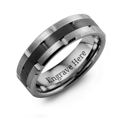 Mens Tungsten & Ceramic Grooved Brushed Ring