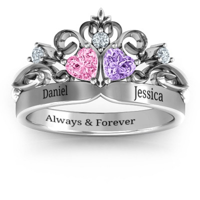 Royal Romance Double Heart Tiara Ring with Engravings