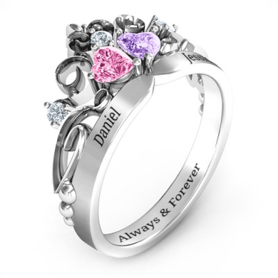 Royal Romance Double Heart Tiara Ring with Engravings