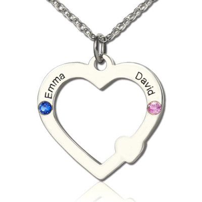 Heart Necklace - Double Name Open with Birthstone