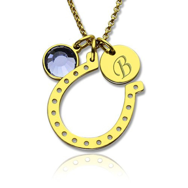 Personalised Necklaces - Birthstone Horseshoe Lucky Necklace with Initial Charm
