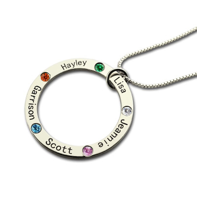 Name Necklace - Mothers Family Circle Engraved Birthstone