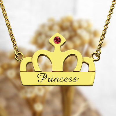Personalised Necklaces - Princess Crown Charm Necklace with Birthstone Name
