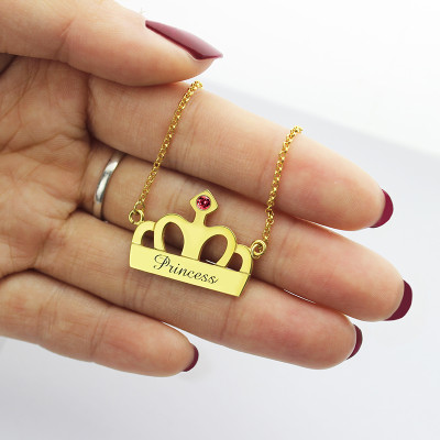 Personalised Necklaces - Princess Crown Charm Necklace with Birthstone Name