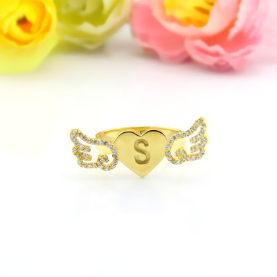 Angel Wings Heart Ring with Birthstone Initial