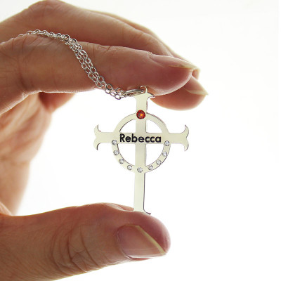 Personalised Necklaces - Circle Cross Necklaces with Birthstone