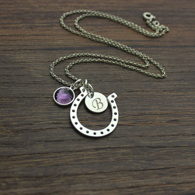 Personalised Necklaces - Horseshoe Good Luck Necklace with Initial Birthstone Charm