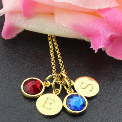 Personalised Necklaces - Double Discs Initial Necklace with Birthstones