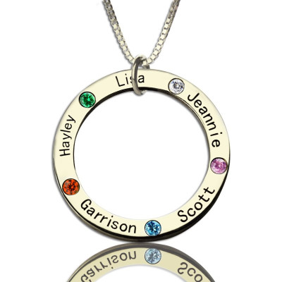 Name Necklace - Mothers Family Circle Engraved Birthstone