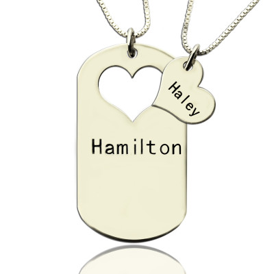 Personalised Necklaces - Couples Name Dog Tag Necklace Set with Cut Out Heart