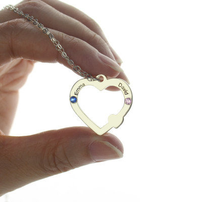 Heart Necklace - Double Name Open with Birthstone