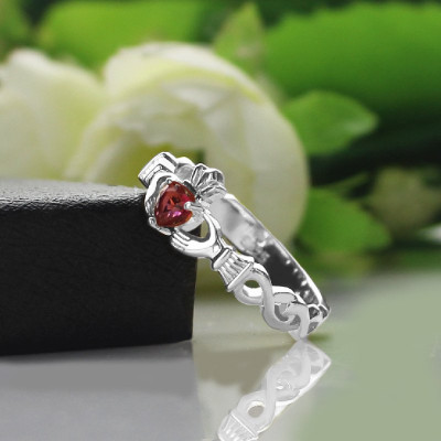 Ladies Claddagh Rings With Birthstone Name White