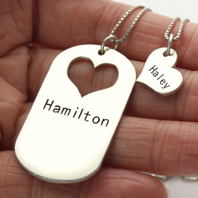 Personalised Necklaces - Couples Name Dog Tag Necklace Set with Cut Out Heart