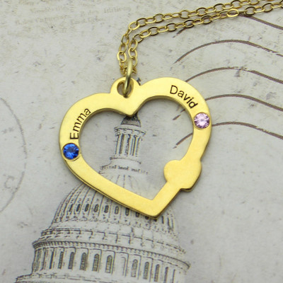 Heart Necklace - Open with Double Name Birthstone