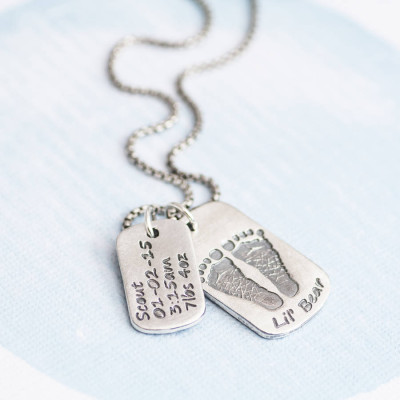 Personalised Necklaces - Dog Tag With Baby Prints And Birth Info Necklace Two Pendants