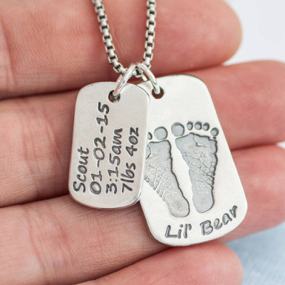 Personalised Necklaces - Dog Tag With Baby Prints And Birth Info Necklace Two Pendants