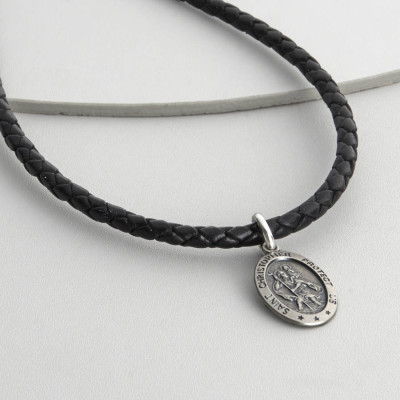 Mens Woven Leather St Christopher Necklet