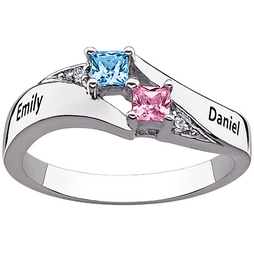 Personalized Sterling Silver Couple's Name and Square Birthstone Bespoke Necklace Ring