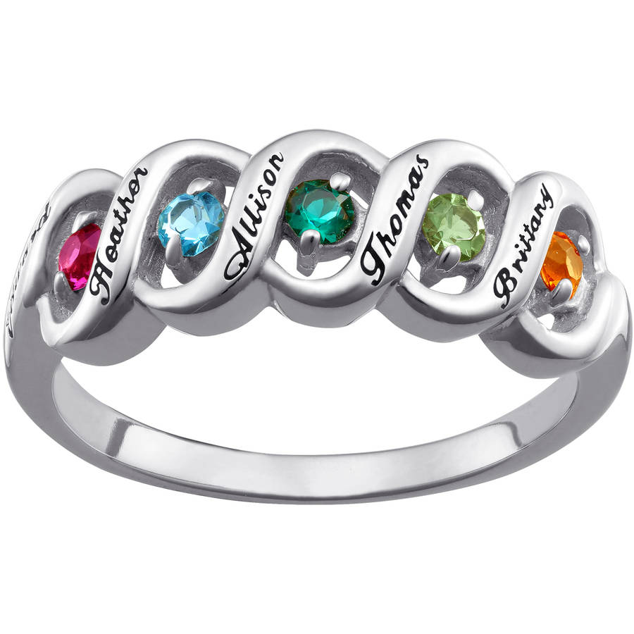 Personalized Women's 18kt White or Yellow Gold Ribbon Family Name and Birthstone Ring