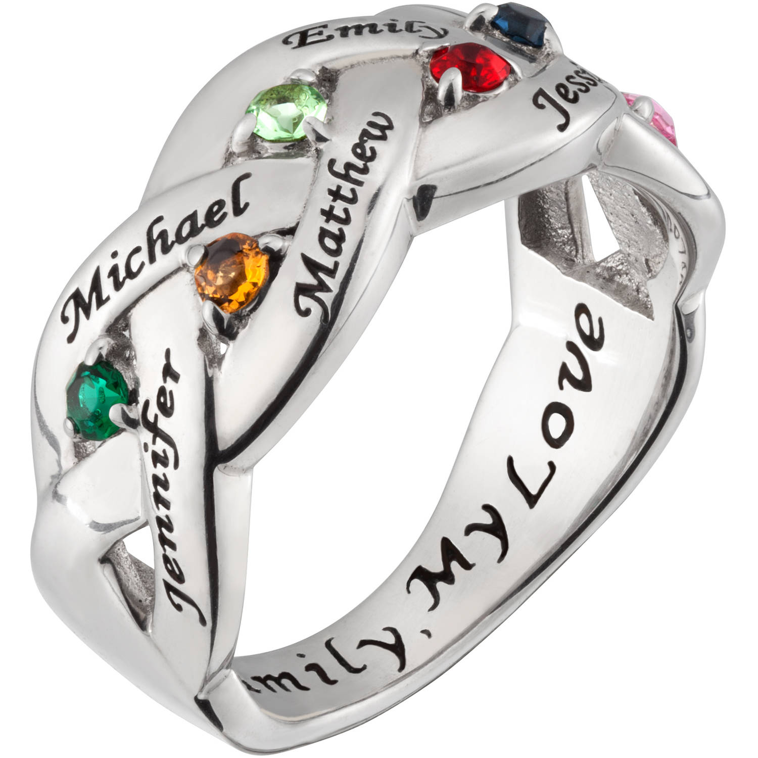 Personalized Women's Sterling Silver Family Name and Birthstone Ring
