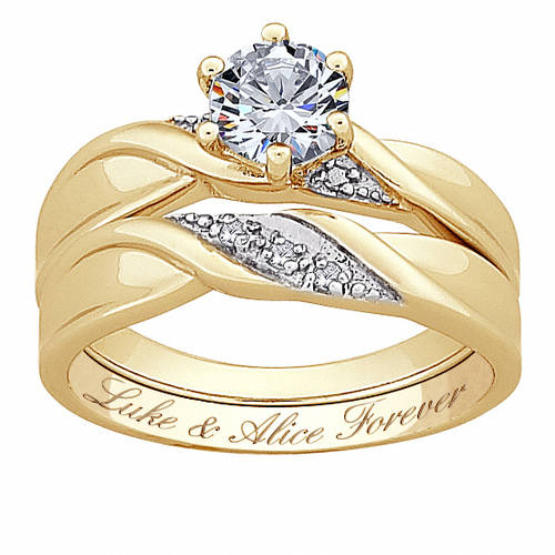 Personalized Gold over Sterling Silver 2-Piece CZ and Bespoke Necklace Engraved Wedding Ring