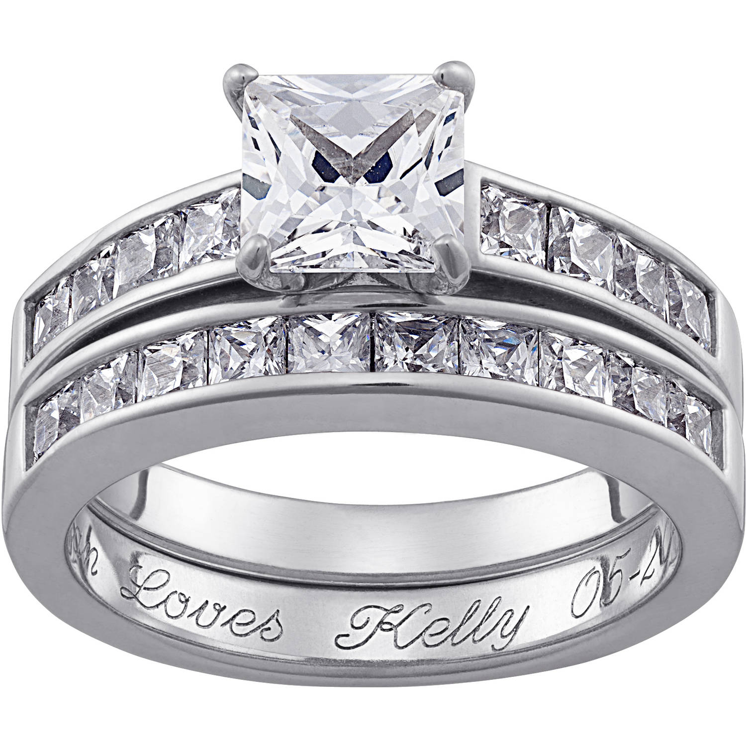 Personalized Square CZ Two-Piece Engraved Wedding Ring Set in Sterling Silver