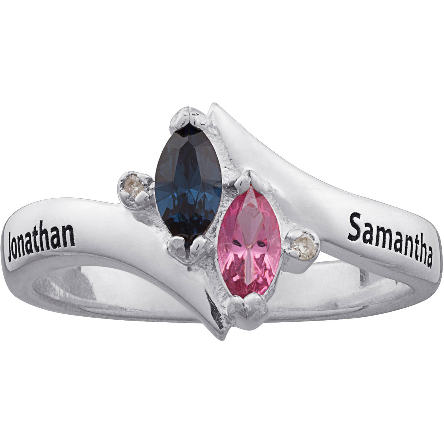 Personalized Sterling Silver Couple's Marquise Birthstone Name Ring with Bespoke Necklace