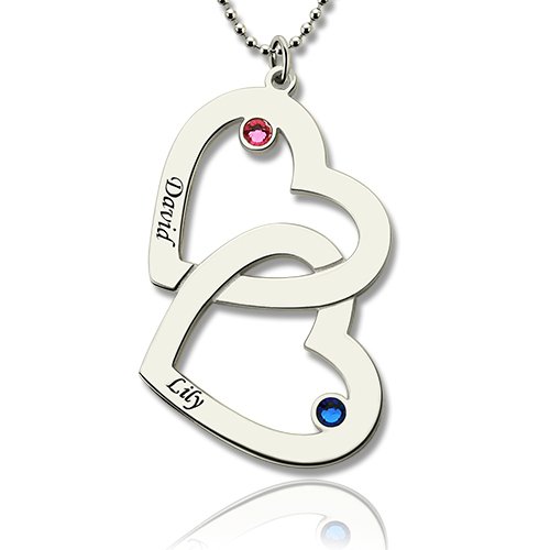 Heart Necklace - Double with Name Birthstones